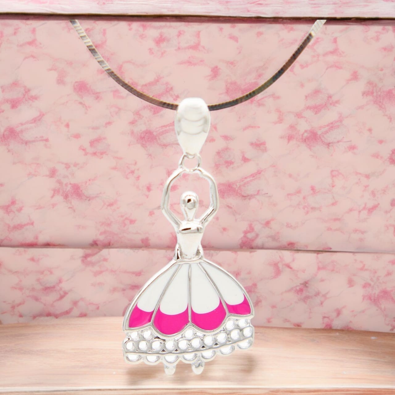 925 Sterling Silver Pink & White Enameled Dancing Girl Pendant For Girls and Women
