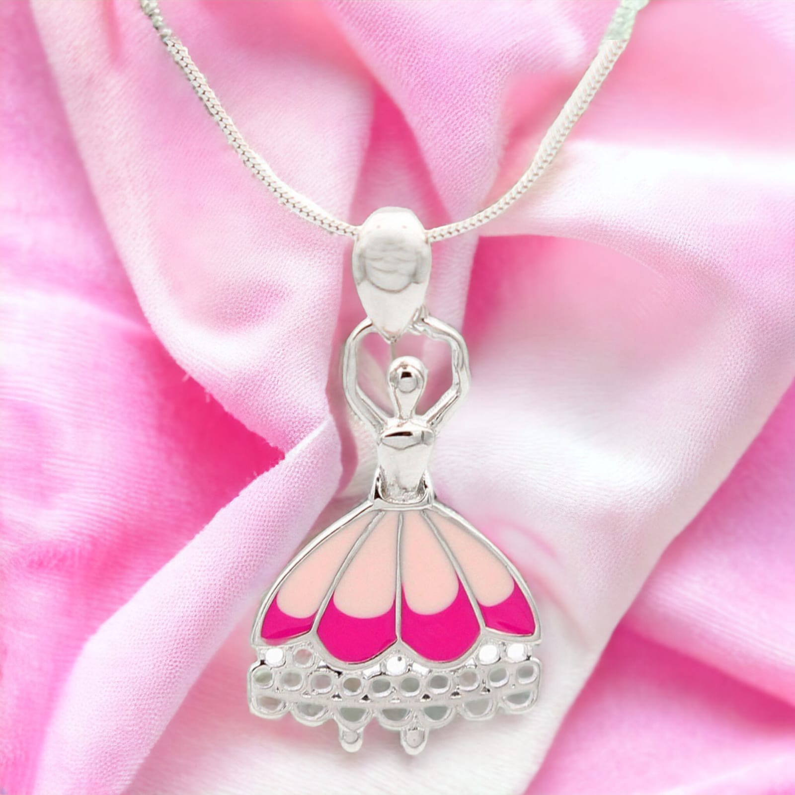 925 Sterling Silver Pink Enameled Dancing Girl Pendant For Girls And Women