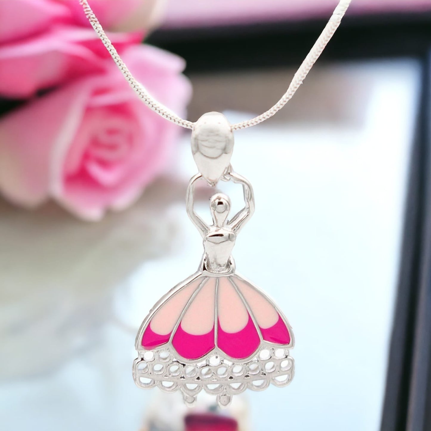 925 Sterling Silver Pink Enameled Dancing Girl Pendant For Girls And Women