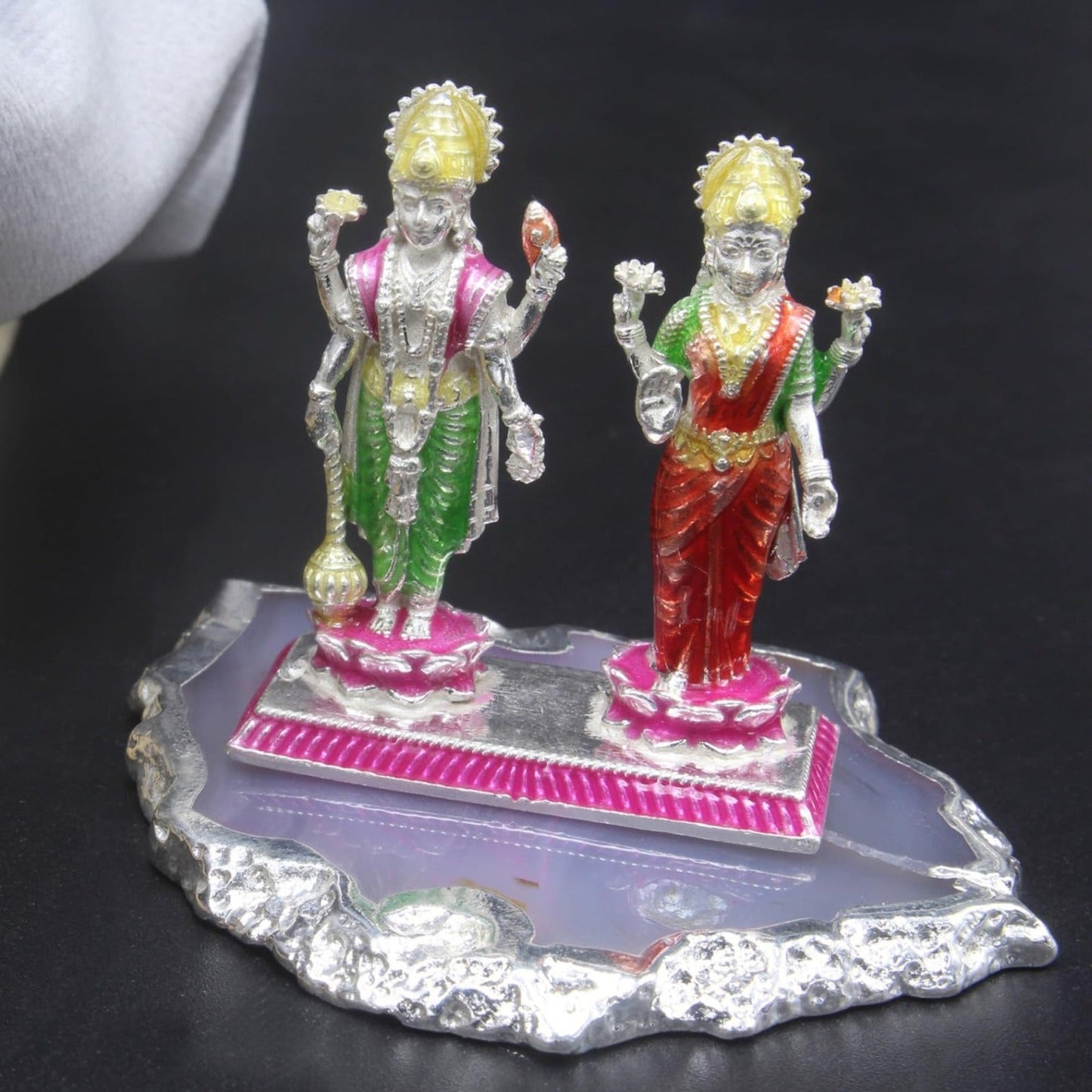 925 Sterling Silver Enamel Lord Vishnu Laxmi Ji Idol