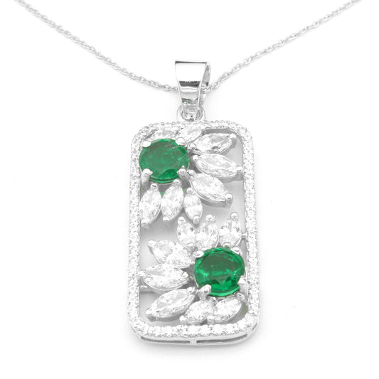 925 Sterling Silver Two Flowers Green Stone Pendant For Girls And Women