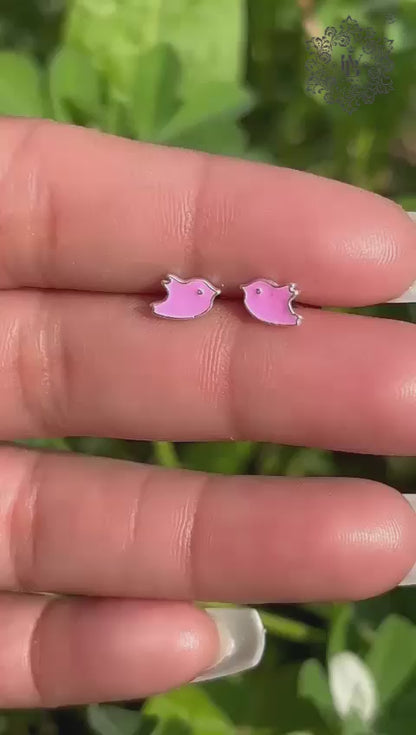 Pink Enamel Bird Shape Earring For Kids Girls